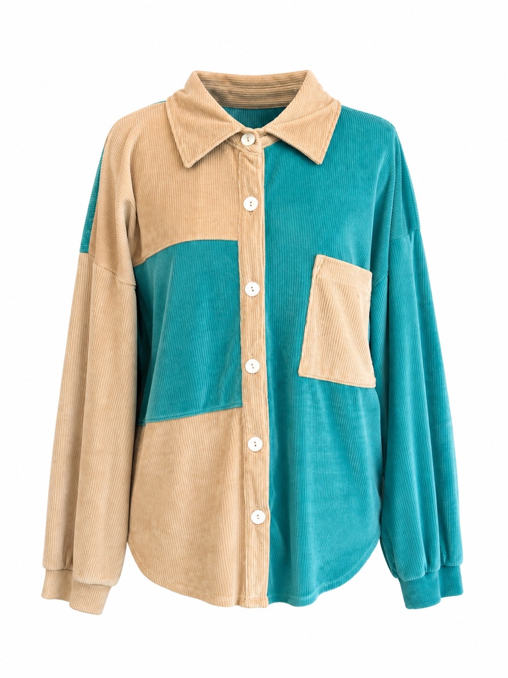 white birch Two-Tone Corduroy Button-Up Shirt in Teal and Beige - Picture 2 of 4